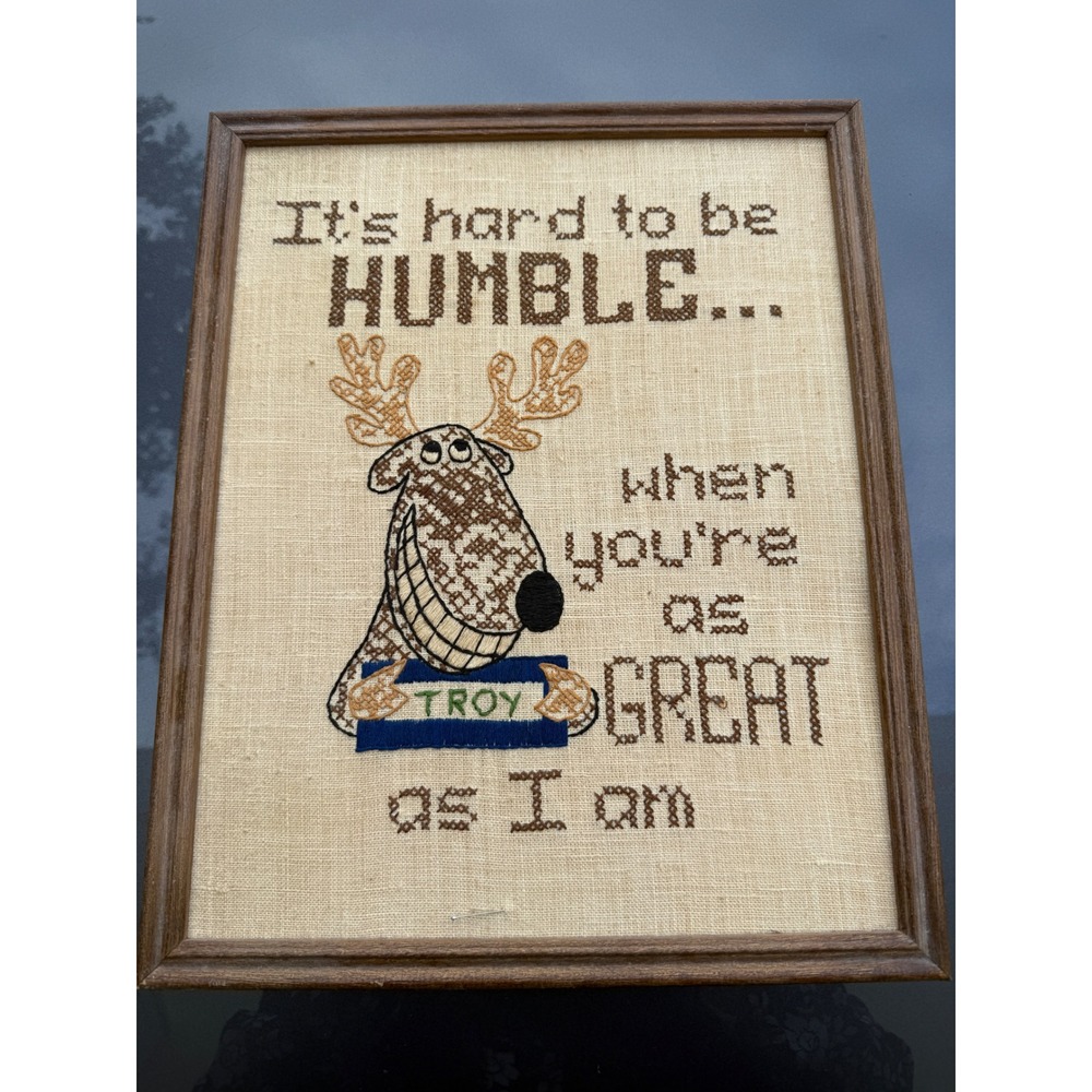 Vintage It's Hard To Be Humble Moose Cross Stitch Framed Wall Art Troy Humor